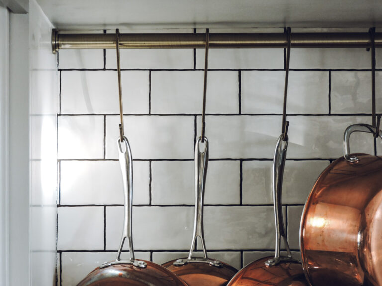 Tension Rod Pot Rack & Affordable Copper Pans - Berry Berry Quite Contrary
