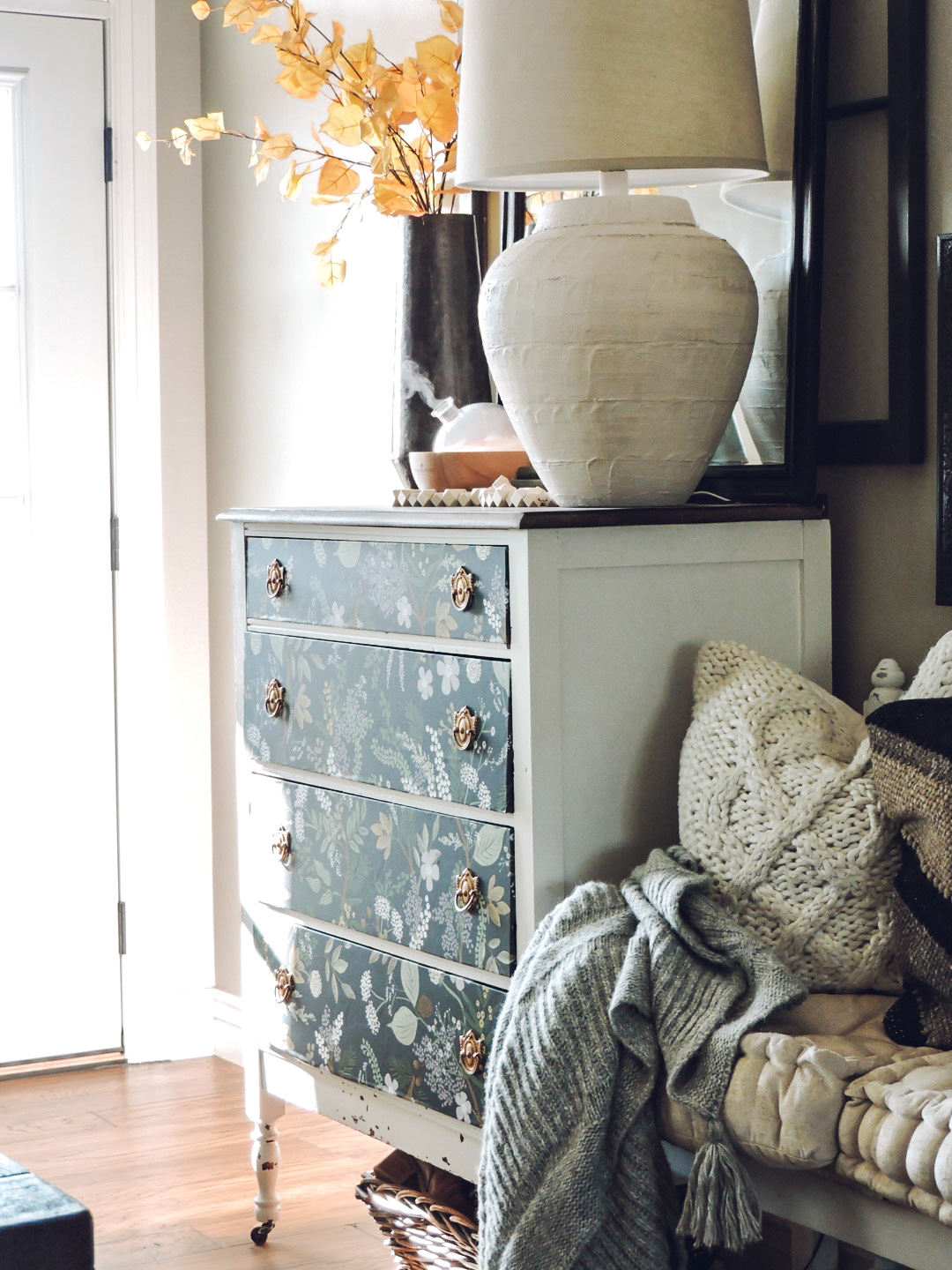 Wallpapered Drawers on Dresser in Entry - Berry Berry Quite Contrary