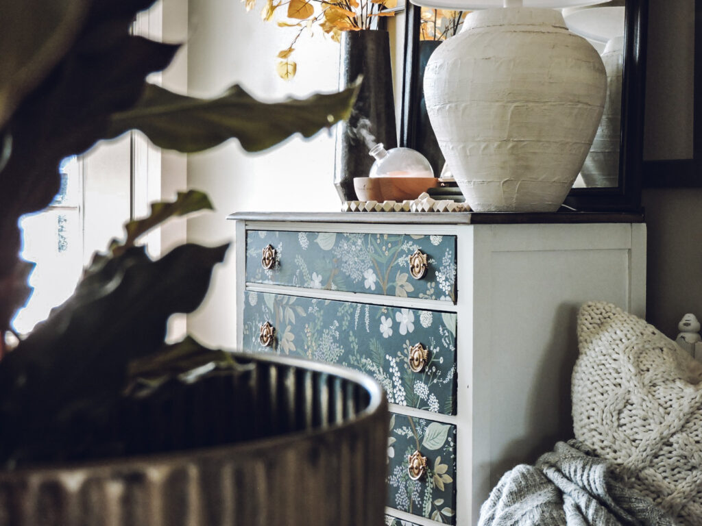 Wallpapered Drawers on Dresser in Entry