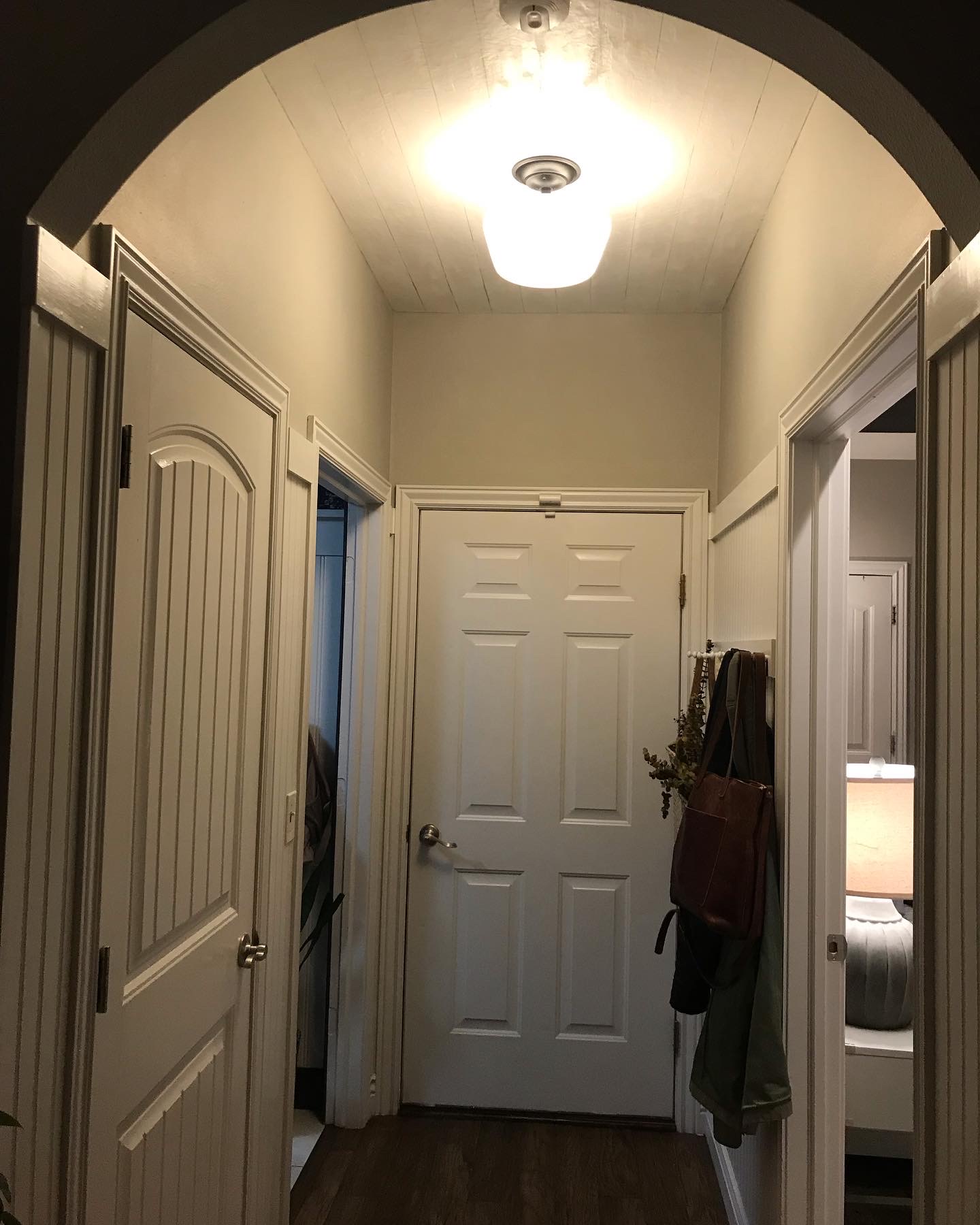 Wallpapered Beadboard Ceiling in Hallway - Berry Berry Quite Contrary