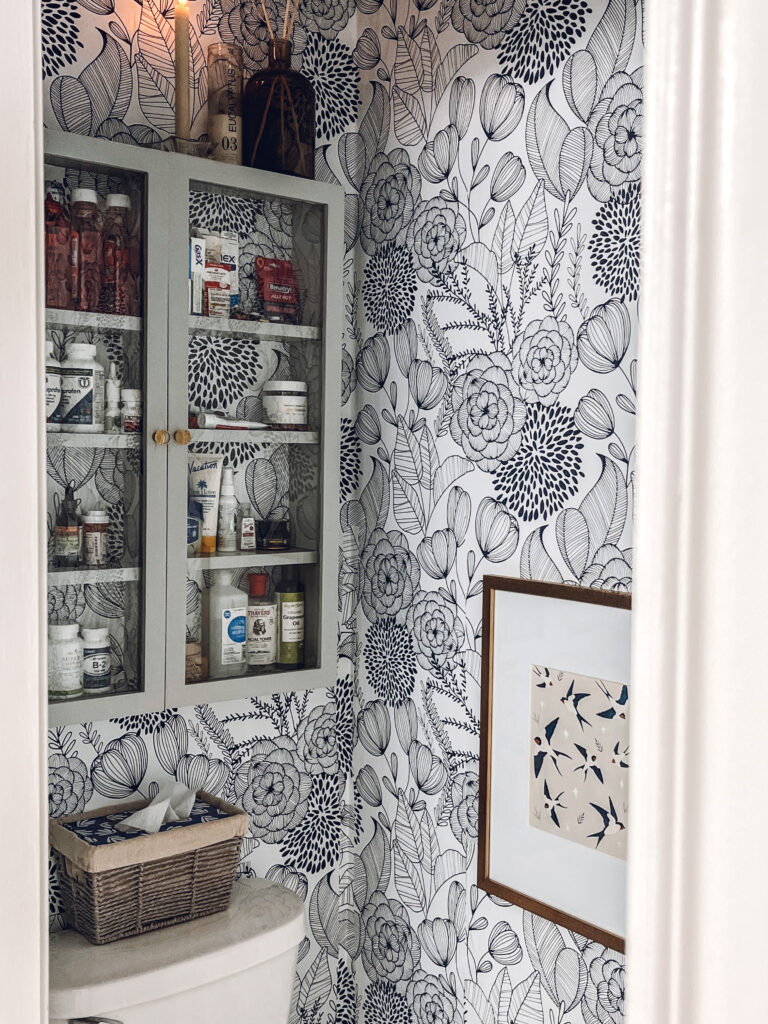 Bathroom Medicine Cabinet Makeover using Floral Wallpaper & Paint